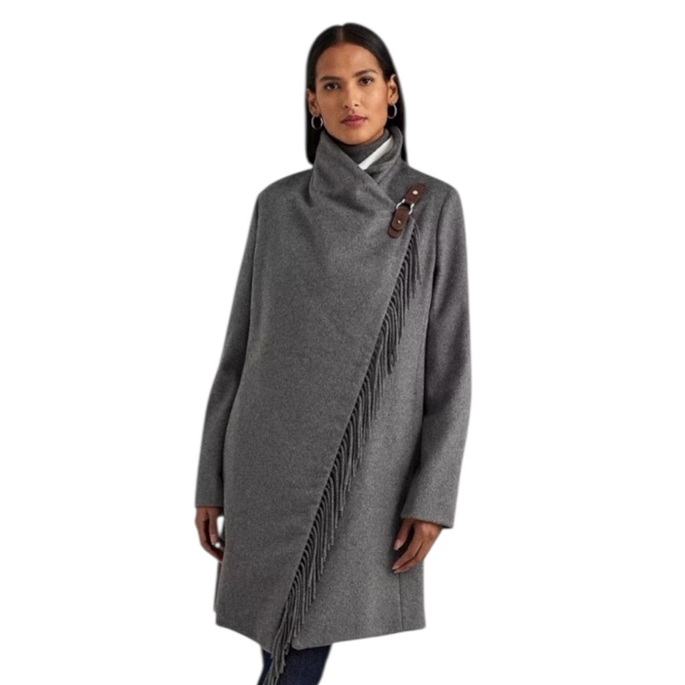Ralph Lauren Gray Wool Coat Fringe Wrap Old‎ Money Equestrian Capsule Womens 16